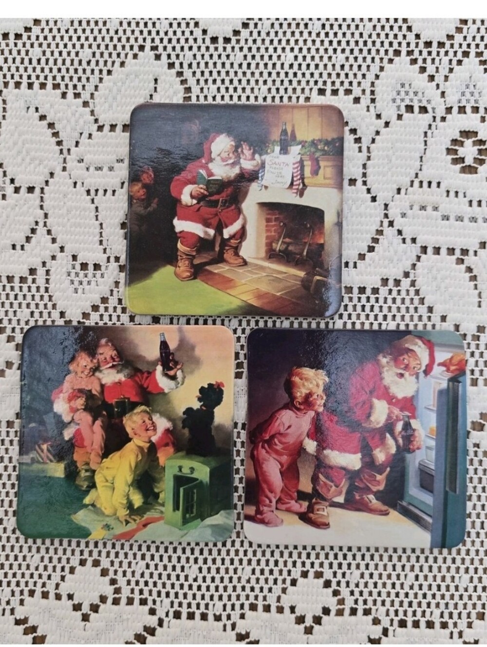 Vintage Set of 3 Santa Claus Christmas Coasters Coca Cola 90s Cork Back Coaster